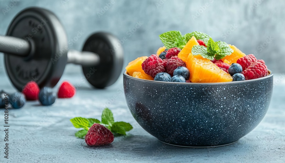 Healthy fruit salad with berries and mint in a bowl, fitness theme. Healthy fruit salad with berries and mint in a bowl, fitness theme.