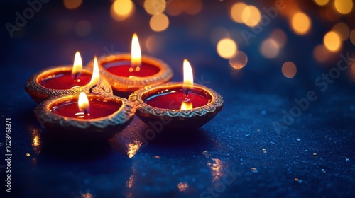 Decorative diya tray with floating candles, placed on a royal blue backdrop with shimmering lights, copy space, happy Diwali background, traditional, Indian festival photo