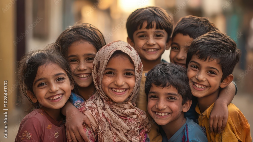 Happy children posing together outdoors Happy children posing together outdoors