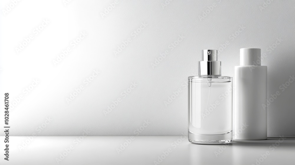 Two minimalist cosmetic bottles on a clean surface, emphasizing simplicity and elegance. Two minimalist cosmetic bottles on a clean surface, emphasizing simplicity and elegance.