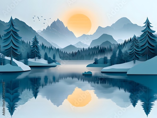 3D paper background of a calm lake with reflections of mountains and trees on the water