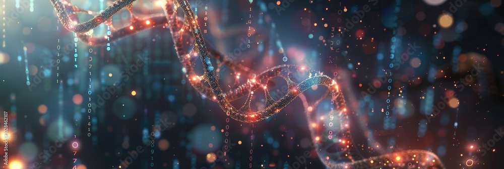 A detailed 3D DNA strand displays overlaying digital data including binary code and data streams, highlighting genetic advancements. Generative AI A detailed 3D DNA strand displays overlaying digital data including binary code and data streams, highlighting genetic advancements. Generative AI