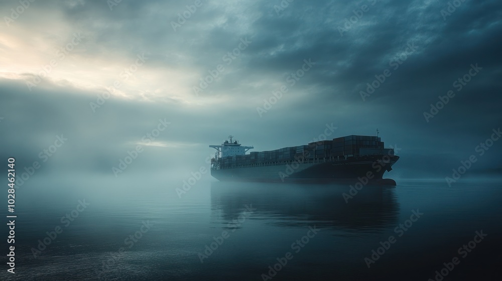 A large cargo ship navigates through foggy waters at dawn, creating a mysterious atmosphere. A large cargo ship navigates through foggy waters at dawn, creating a mysterious atmosphere.