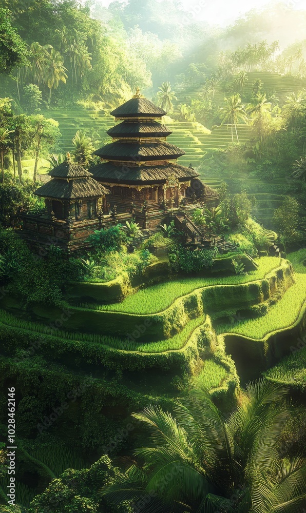 Tropical temple nestled in lush rice paddies. Tropical temple nestled in lush rice paddies.