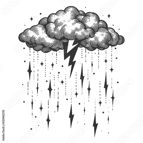 cloud with a lightning bolt striking from beneath it sketch engraving generative ai raster illustration. Scratch board imitation. Black and white image.