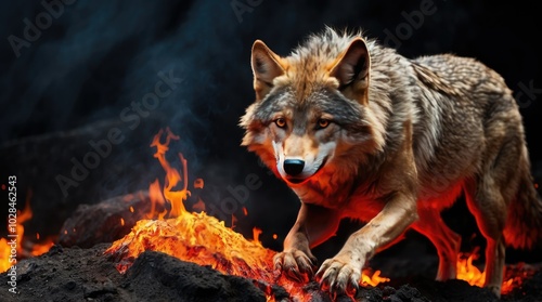 A fierce, snarling wolf with glowing eyes emerges from a dark background, its fur illuminated by flames.