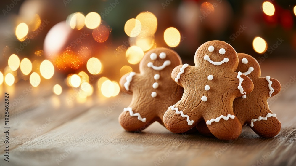 Obraz premium Festive gingerbread men decorated with icing, on a kitchen counter with Christmas lights in the background, copy space, Merry Christmas background, holiday baking, seasonal treats promotion
