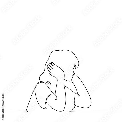 woman covering his ears with her hands while sitting at the table - one line art vector. concept Hyperacusis, Ear pain, unwillingness to hear, ignore