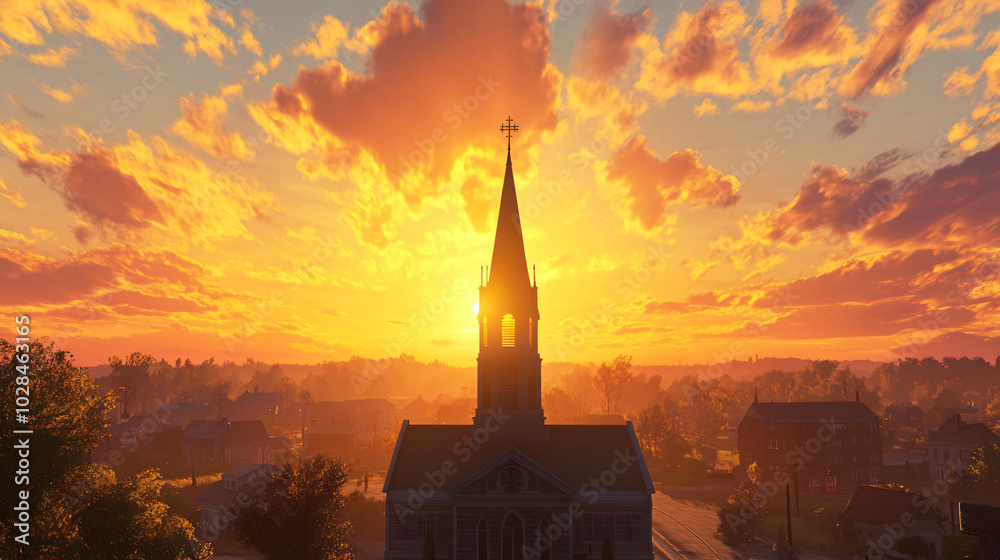 Obraz premium A beautiful sunset behind a church steeple