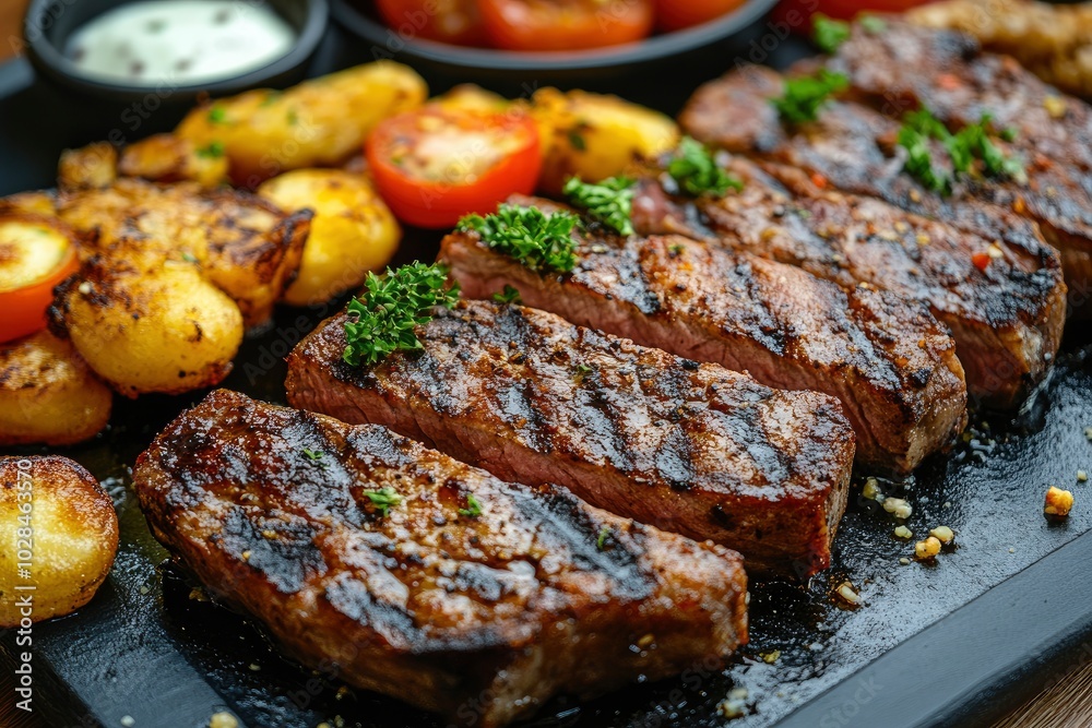 Steak, fried fish background - generative ai Steak, fried fish background - generative ai