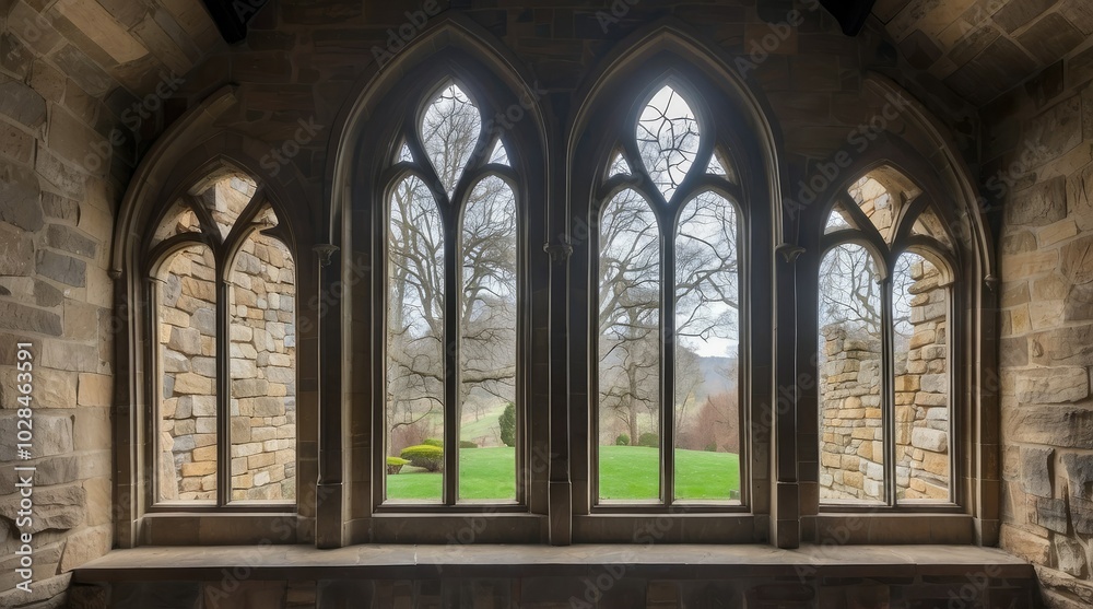 Gothic-style window with three pointed arches set in a stone wall, Gothic-style window with three pointed arches set in a stone wall,