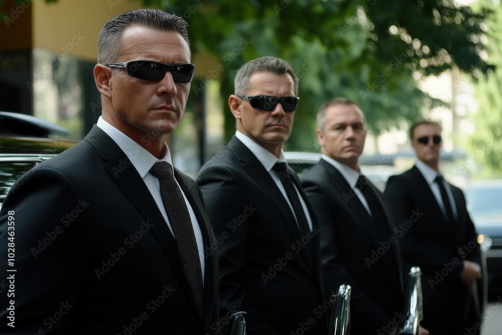 Bodyguards: Handsome Agents Providing Business Security Near Car in Urban City Setting Bodyguards: Handsome Agents Providing Business Security Near Car in Urban City Setting