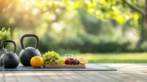 Wellness scene featuring kettlebells and fresh fruits on a garden mat. photo