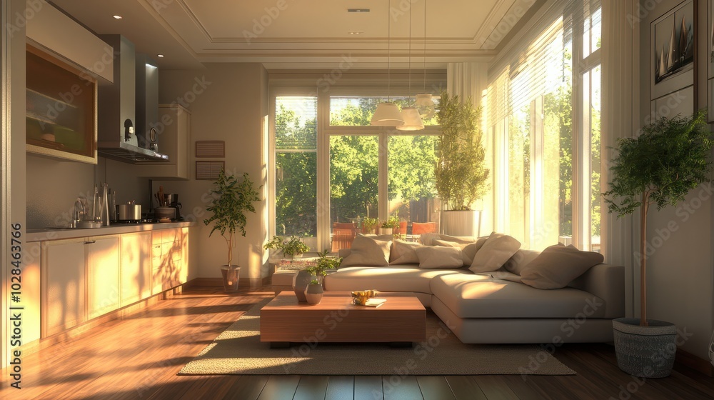 Modern interior japandi style design livingroom. Lighting and sunny scandinavian apartment Modern interior japandi style design livingroom. Lighting and sunny scandinavian apartment