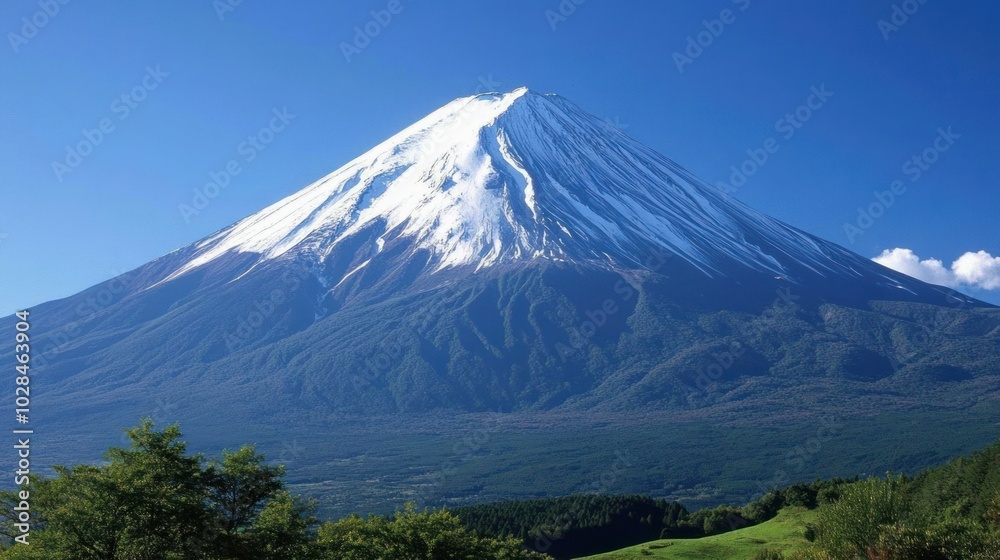 Snow-capped Mountain Peak with Lush Green Foliage and Blue Sky Snow-capped Mountain Peak with Lush Green Foliage and Blue Sky