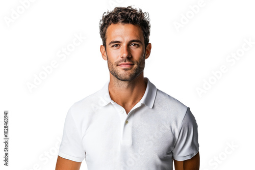 Portrait of a stylish man in a white polo shirt striking a confident pose on a transparent background