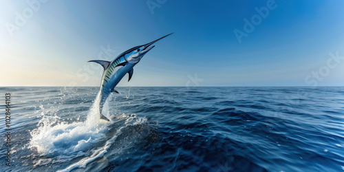 A blue marlin is jumping out of the sea, the vast ocean in the background, clear sky, wide angle shot.  photo