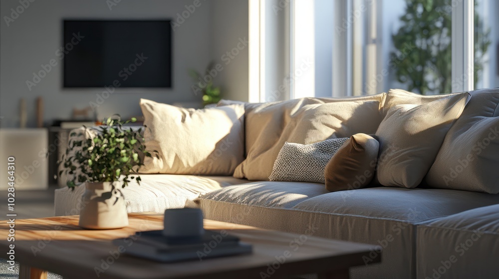 Modern living room in Scandinavian style, neutral colors, whites and grays, sleek furniture, simple wooden coffee table, plush beige sofa, large windows, natural light illuminating the space, Modern living room in Scandinavian style, neutral colors, whites and grays, sleek furniture, simple wooden coffee table, plush beige sofa, large windows, natural light illuminating the space,