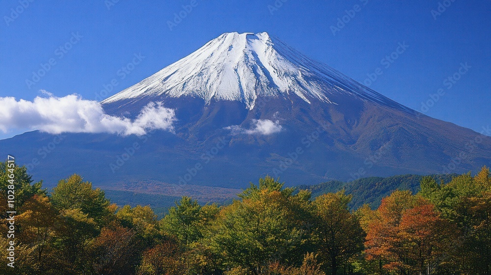 Majestic Mount Fuji with Snow Cap and Autumn Foliage Majestic Mount Fuji with Snow Cap and Autumn Foliage