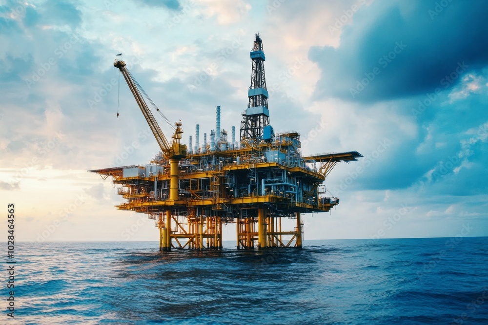 Offshore oil and gas production platform in the open ocean, representing energy extraction, industrial infrastructure, and the petroleum industry's operations at sea Offshore oil and gas production platform in the open ocean, representing energy extraction, industrial infrastructure, and the petroleum industry's operations at sea