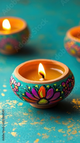 Hand-painted terracotta diya with floral designs, placed on a turquoise backdrop with glowing edges, copy space, happy Diwali background, traditional, Indian festival.