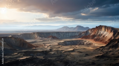 A dramatic landscape featuring a vast, deep crater in the foreground, photo