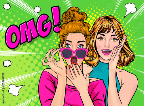 Woman whispering gossip secret to her friend surprise In Retro Vintage Pop Art Comic Style