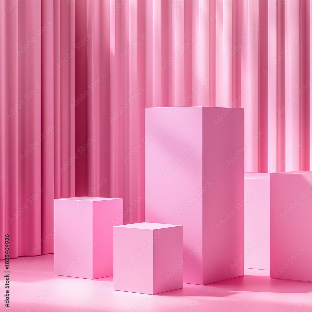 Box Podium. Abstract 3D Geometric Scene with Bright Pink Cube in Studio Background Box Podium. Abstract 3D Geometric Scene with Bright Pink Cube in Studio Background