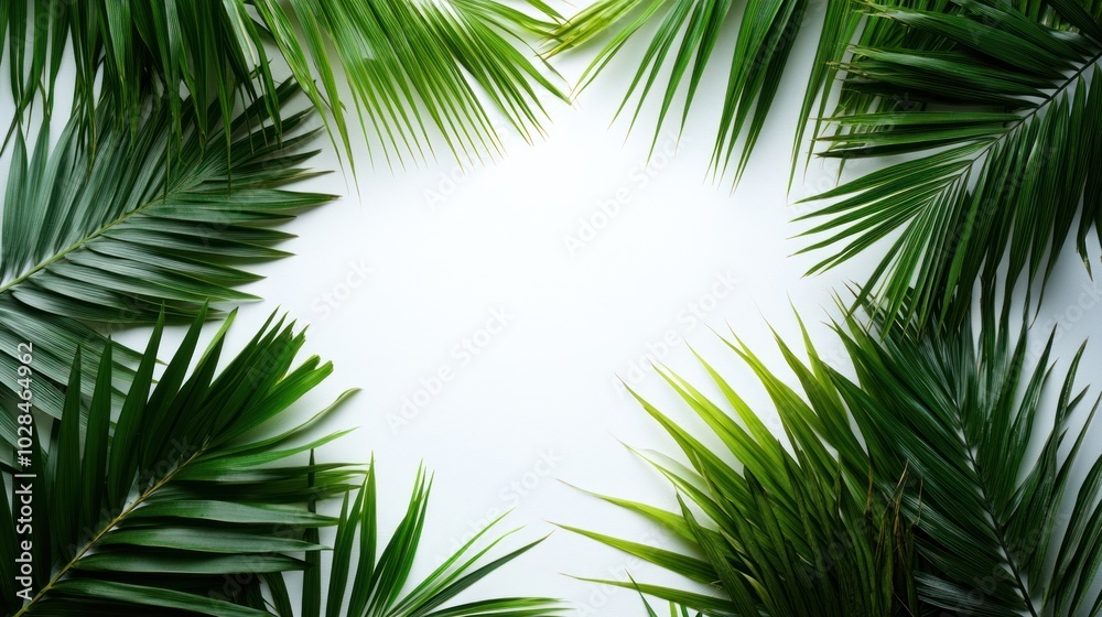 Green Palm Leaves Arranged in a Frame on White Background
