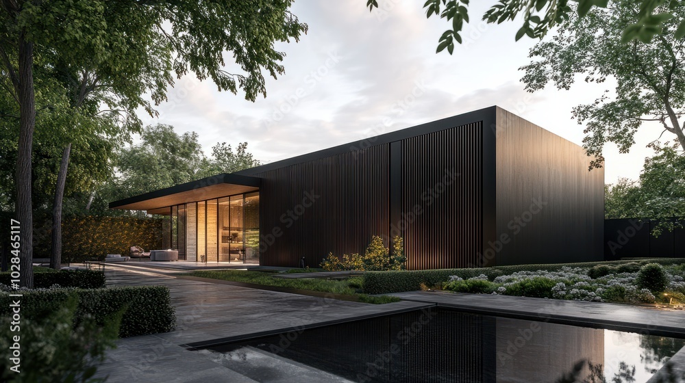 Modern luxury minimalist cubic house, villa with wooden cladding and black panel walls and landscaping design front yard. Residential architecture exterior. Modern luxury minimalist cubic house, villa with wooden cladding and black panel walls and landscaping design front yard. Residential architecture exterior.
