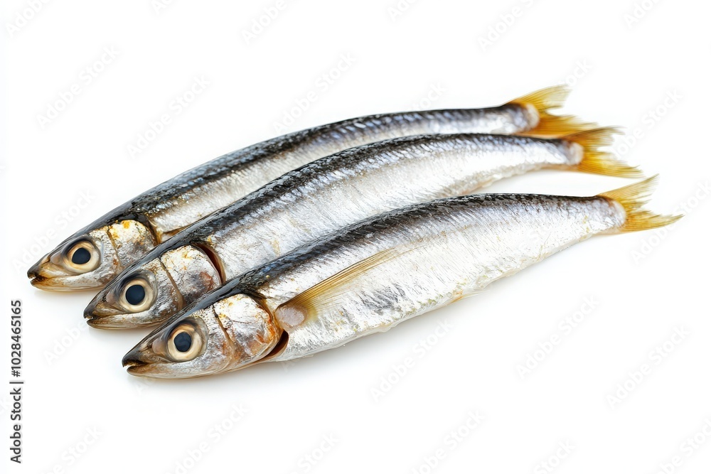 Three fresh anchovy fillets are arranged neatly in the center, showcasing their shiny skin and tender flesh, ideal for cooking or garnishing various dishes. Three fresh anchovy fillets are arranged neatly in the center, showcasing their shiny skin and tender flesh, ideal for cooking or garnishing various dishes.