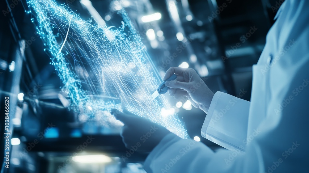 A scientist in a lab drawing digital holograms, representing innovation in technology and research. A scientist in a lab drawing digital holograms, representing innovation in technology and research.