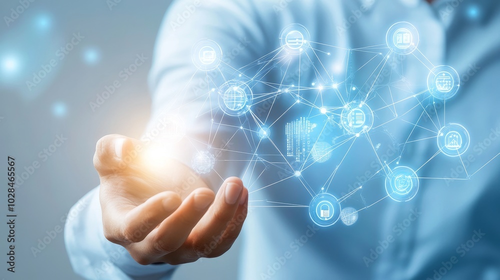 A person extending a hand with glowing network symbols, representing technology, innovation, and connectivity. A person extending a hand with glowing network symbols, representing technology, innovation, and connectivity.
