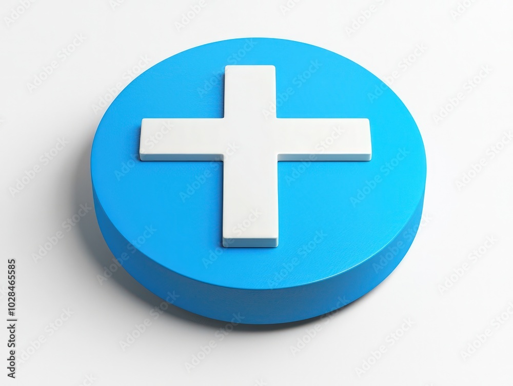 Blue circle and white plus symbol, 3D icon with isolated white background