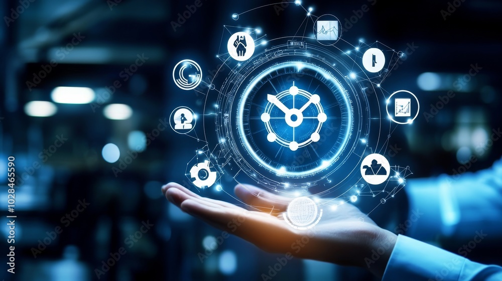 A hand holds a glowing digital clock surrounded by icons, representing time management and technology integration. A hand holds a glowing digital clock surrounded by icons, representing time management and technology integration.