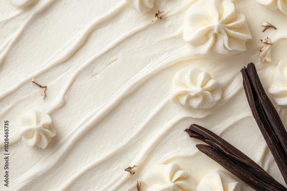 A smooth layer of vanilla frosting features beautiful swirls and decorative accents, complemented by vanilla bean pods, creating a minimalist and inviting dessert display. A smooth layer of vanilla frosting features beautiful swirls and decorative accents, complemented by vanilla bean pods, creating a minimalist and inviting dessert display.