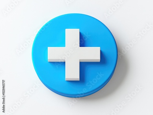 Blue circle and white plus symbol, 3D icon with isolated white background
