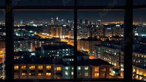 Wallpaper Mural A night cityscape view from a window overlooking a city skyline with skyscrapers and lights. Torontodigital.ca