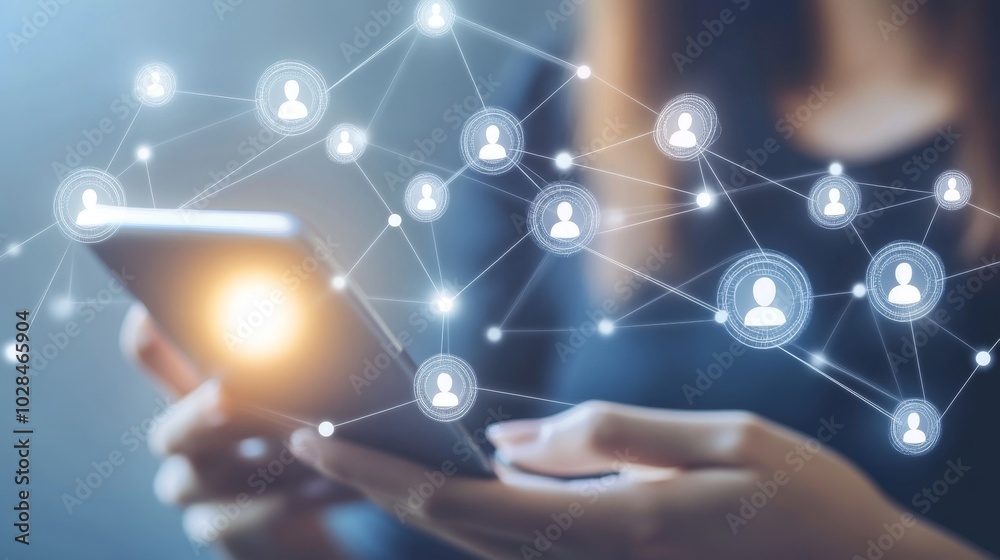 A person using a smartphone with a network of digital connections symbolizing communication and social interaction. A person using a smartphone with a network of digital connections symbolizing communication and social interaction.