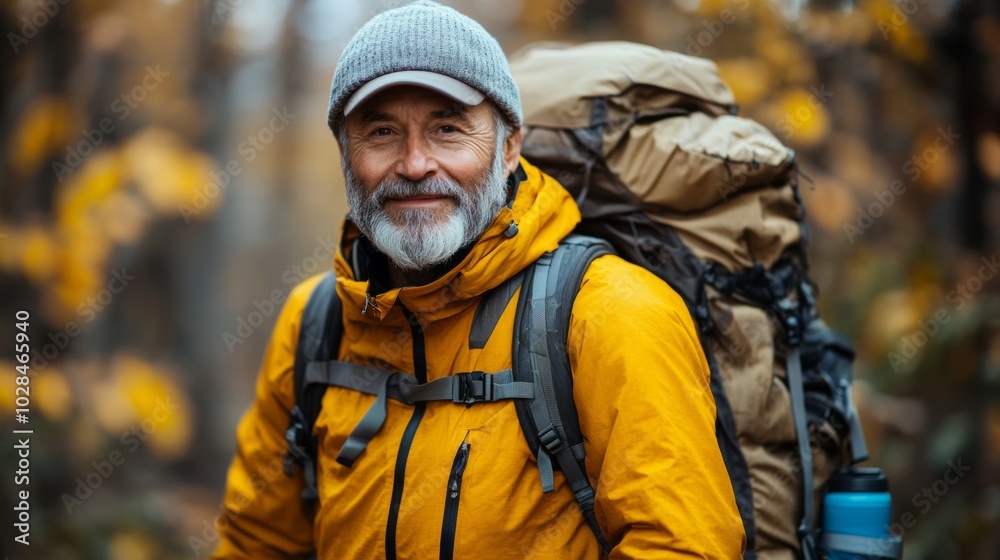 Man wearing a yellow jacket and carrying a large backpack is walking through a forest. Concept of adventure, as the man is venturing into the wilderness with his gear. Man hiking in the woods Man wearing a yellow jacket and carrying a large backpack is walking through a forest. Concept of adventure, as the man is venturing into the wilderness with his gear. Man hiking in the woods