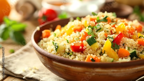 A bowl of quinoa with colorful vegetables and fresh herbs.