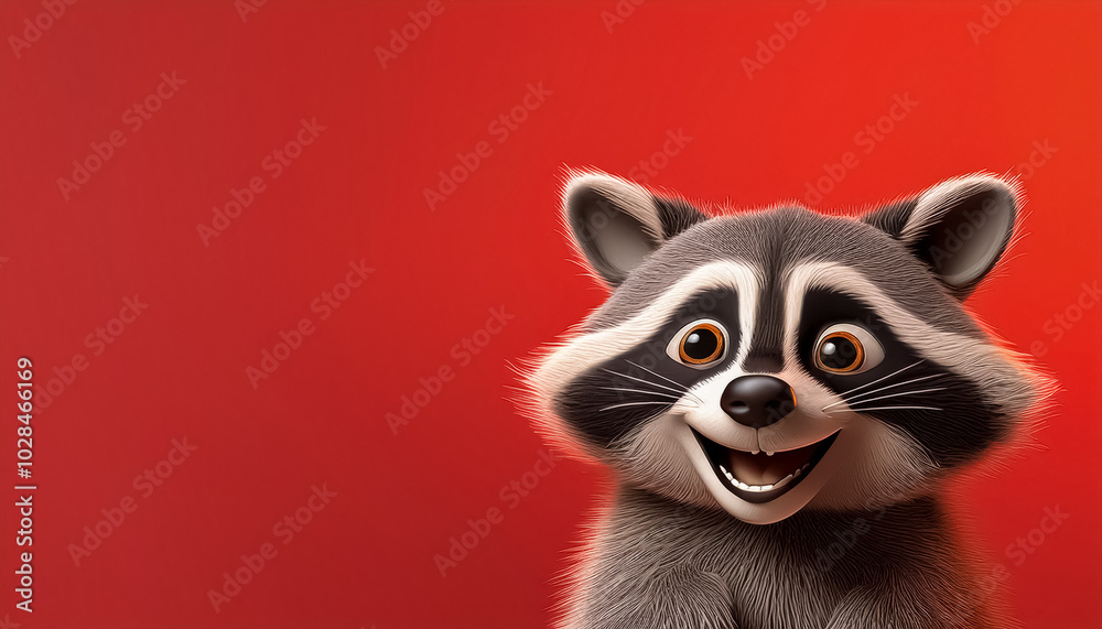 Happy smiling raccoon on a red background, 3d cartoon image with text space Happy smiling raccoon on a red background, 3d cartoon image with text space