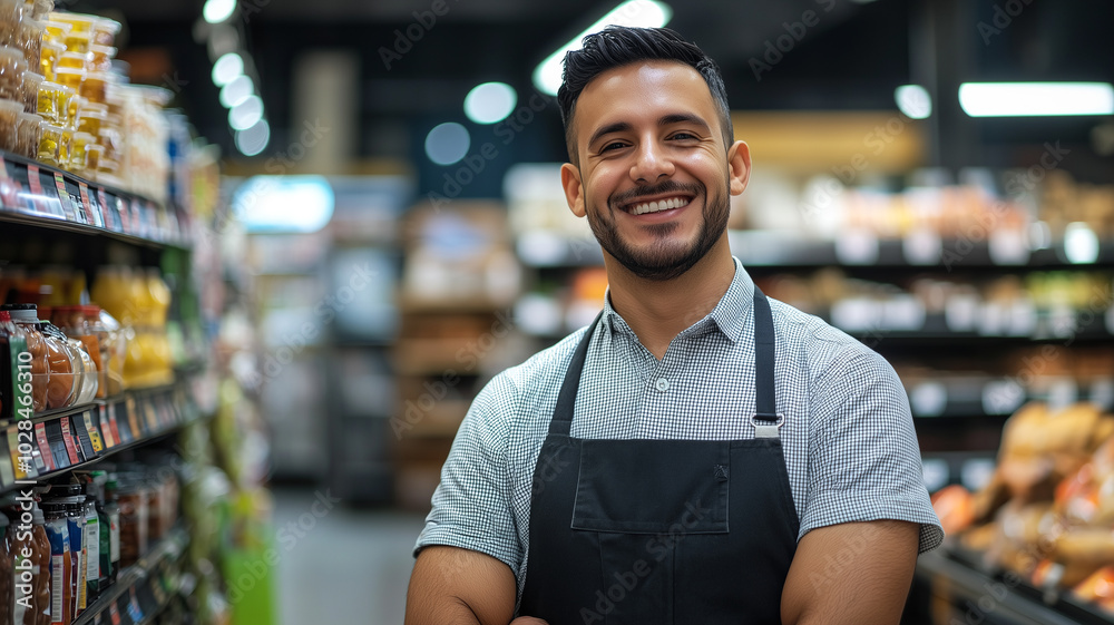 Happy Supermarket Manager Displaying a Welcoming Smile. Happy Supermarket Manager Displaying a Welcoming Smile.