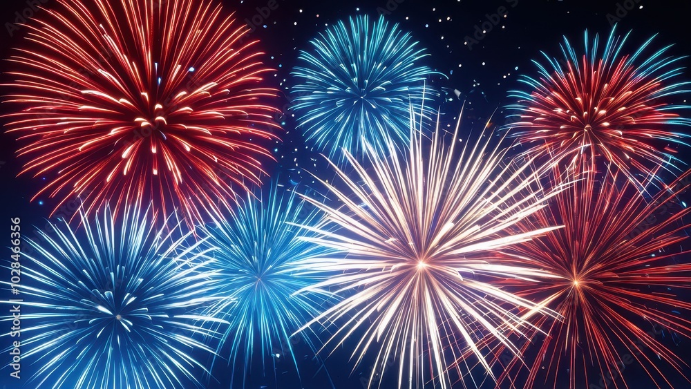Fototapeta premium Vibrant red and blue fireworks display exploding in the night sky, creating a festive and celebratory atmosphere