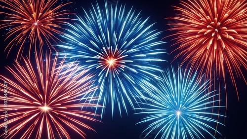 Vibrant red and blue fireworks display exploding in the night sky, creating a festive and celebratory atmosphere