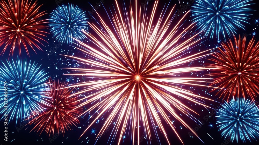 Vibrant red and blue fireworks display exploding in the night sky, creating a festive and celebratory atmosphere Vibrant red and blue fireworks display exploding in the night sky, creating a festive and celebratory atmosphere