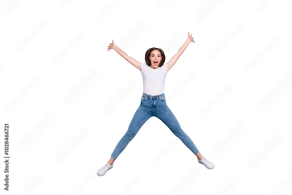 Full size photo of cheerful youth raising hands shouting wearing white t-shirt denim jeans isolated over blue background Full size photo of cheerful youth raising hands shouting wearing white t-shirt denim jeans isolated over blue background