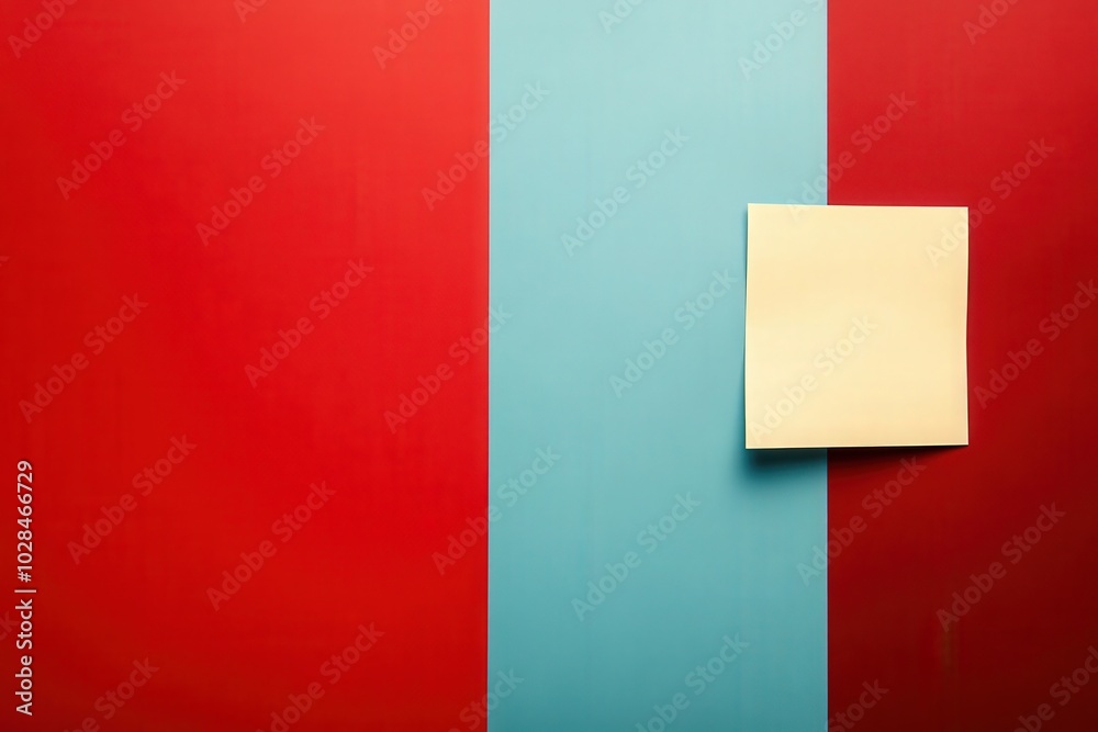 A clean workspace displays vibrant red and blue colors. A blank sticky note is placed on the solid background, serving as a reminder to return to work and stay organized in tasks. A clean workspace displays vibrant red and blue colors. A blank sticky note is placed on the solid background, serving as a reminder to return to work and stay organized in tasks.