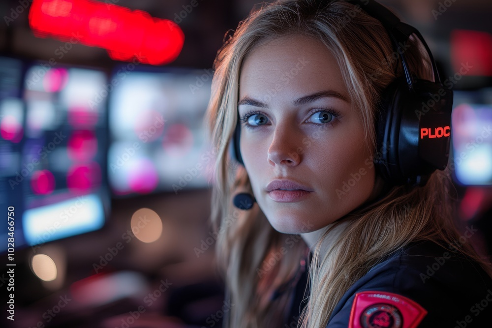 woman wearing a headset and a red and white patch on her jacket. Inside a 911 dispatch center, with operators using advanced technology to coordinate first responders, police, and medical teams woman wearing a headset and a red and white patch on her jacket. Inside a 911 dispatch center, with operators using advanced technology to coordinate first responders, police, and medical teams