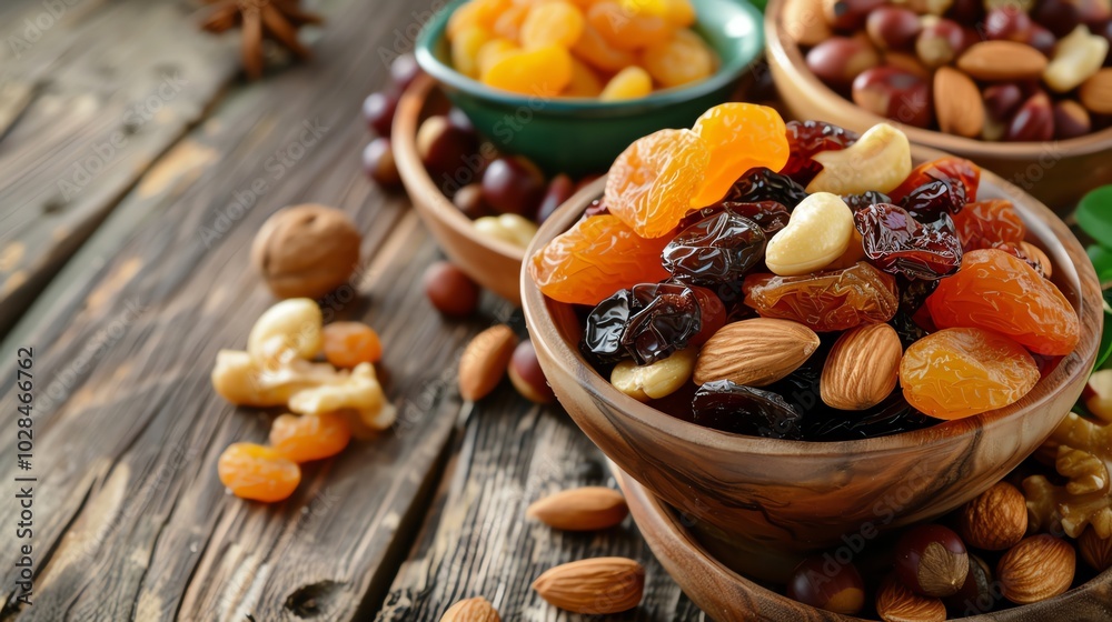 A bowl of mixed nuts and dried fruit on a wooden table. A bowl of mixed nuts and dried fruit on a wooden table.